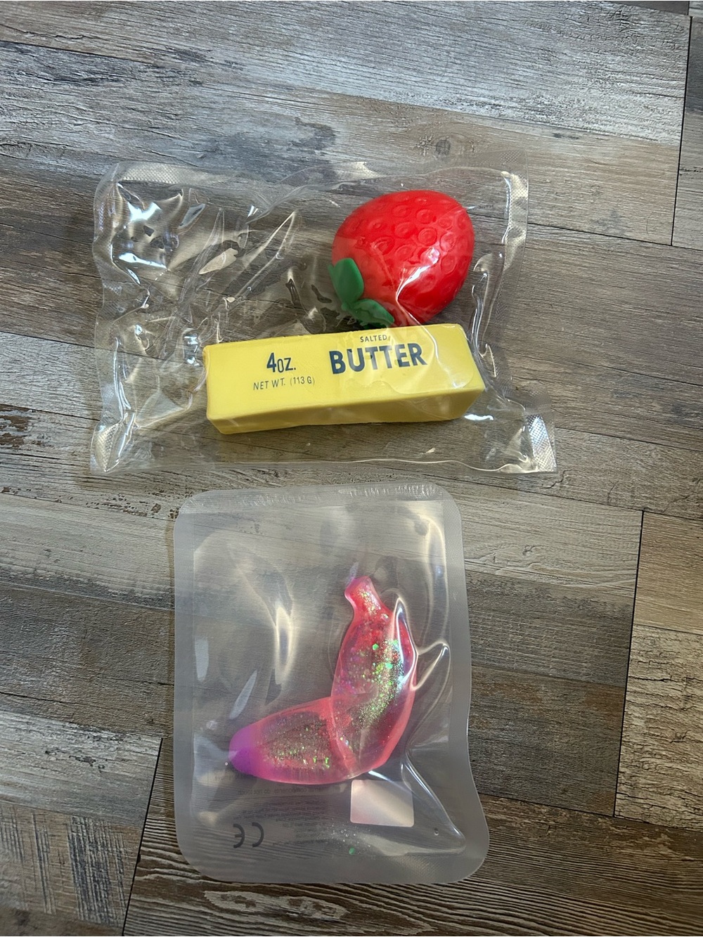 Novelty Squishy Toy Set - Strawberry, Butter & Pink Glitter banana